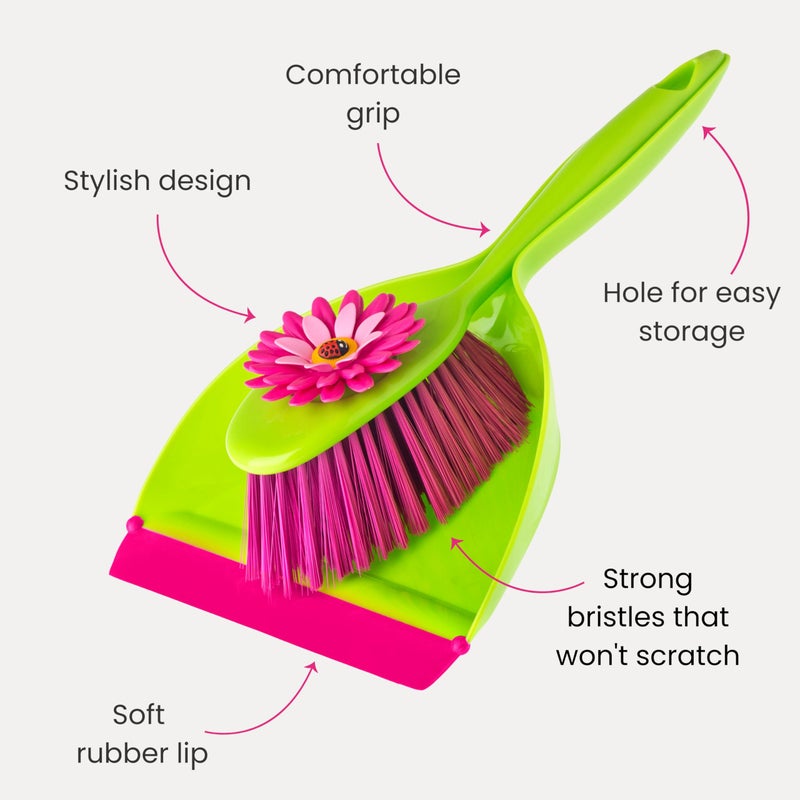 Vigar Flower Power Dust Pan and Brush Handy Set, 12-3/4-Inches, Green, Pink - Image 4